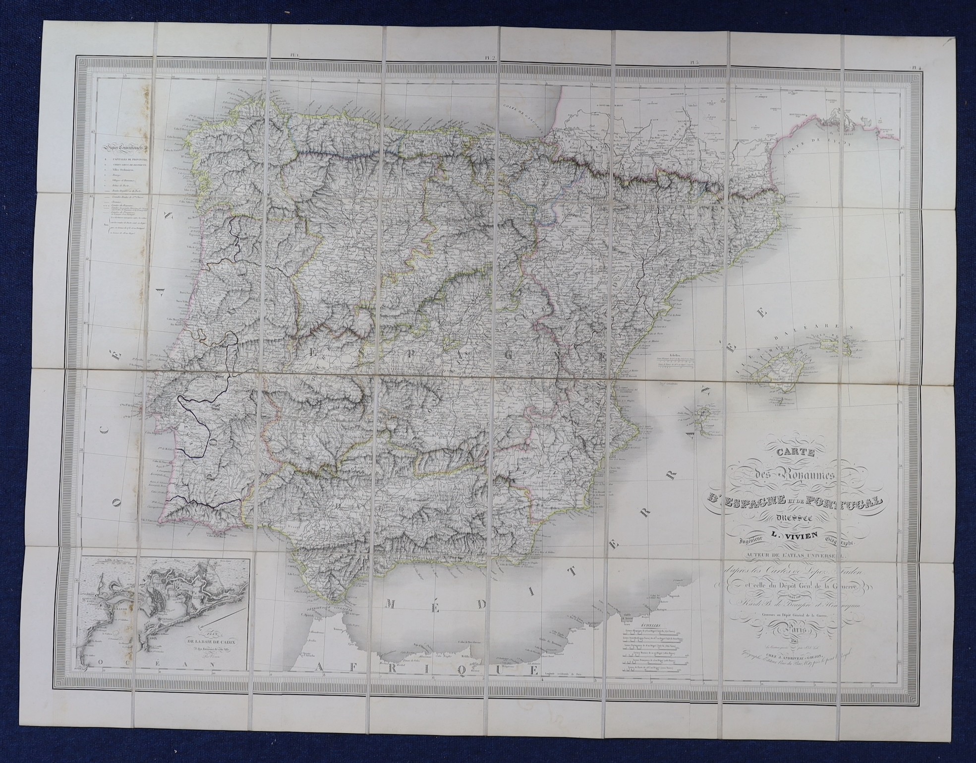 Wyld, James - Spain and Portugal, a set of 4 linen backed folding maps, coloured in outline, c.1820, 66 x 97.5cms., in worn slip case, together with Vivien de Saint-Martin, Louis - Carte des Royaumes d’Espagne et de Port